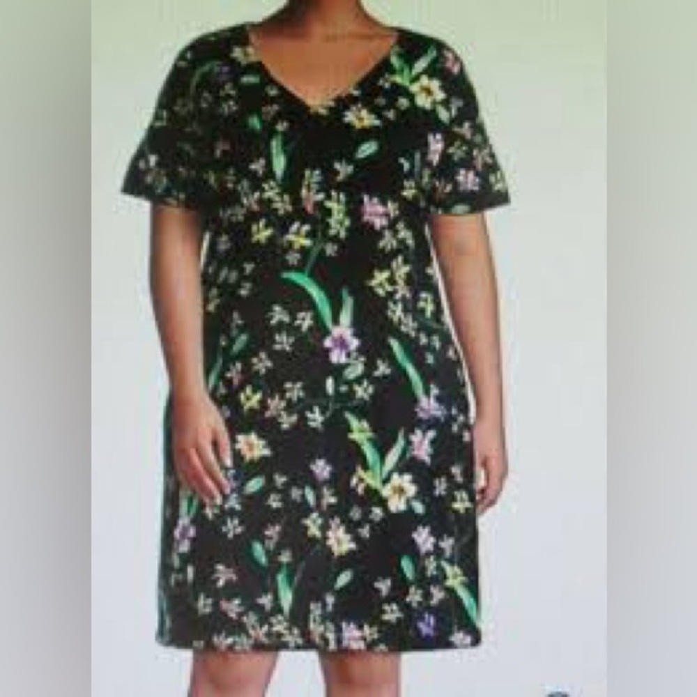 ABS Black Floral V-Neck Shift Dress